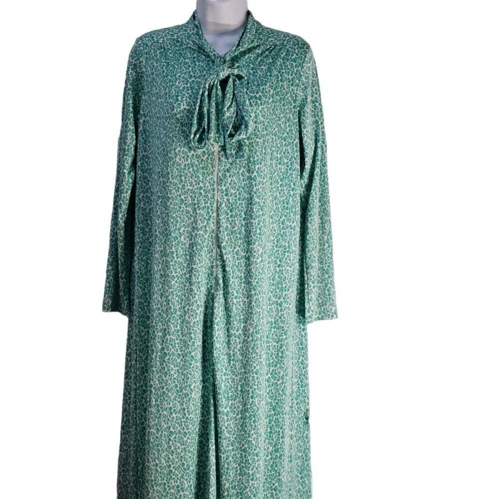 Vintage 70s House Coat Hostess Gown Womens Size Small Green Maxi Long Nylon - Picture 2 of 8